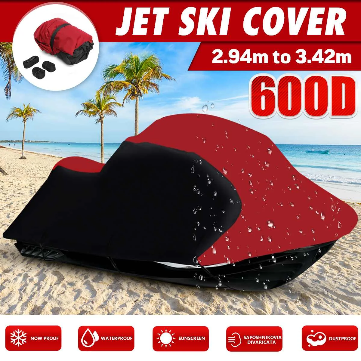 

600D Polyester Solution Dyed Waterproof Boat Cover Fit for Universal 3 person PWC Jet Ski 294-342cm and 348-356cm length W/ Bag