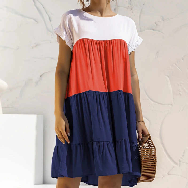 

Women Summer Beach Sundress Bohemian Vestidos Short Sleeve Ruffled Mini Dress 2021 Plus Size Loose Oversized Dresses Patchwork