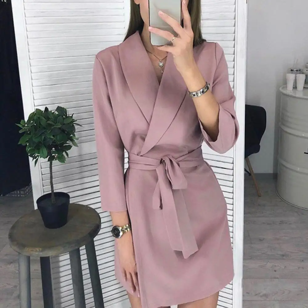 

Mini Dress Coat With Waist Belt Women Autumn Solid Color Lapel Collar Long Sleeve Coat For Business Or Daily Wear