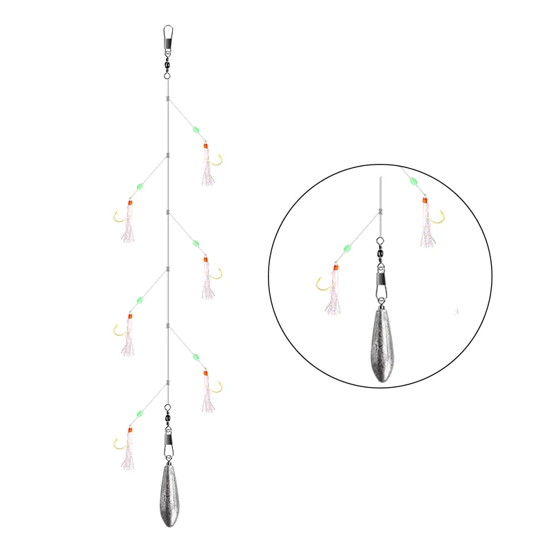 

LEDIAO 5 Packs Fishing String Hooks Bionic Fish Skin Mackerel Feathers Carbon Steel Hook Luminous Beans 6 Pcs Bait Hook Tackle