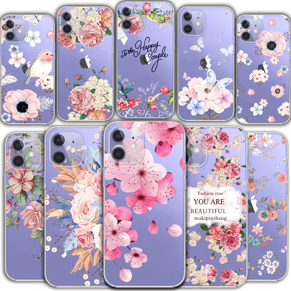 

iPhone 12 Mini 11 Pro Max Girl Transparent Silicone Phone Case XR 6 7 8 Plus X S SE 2020 Peach Blossom Protective Back Cover