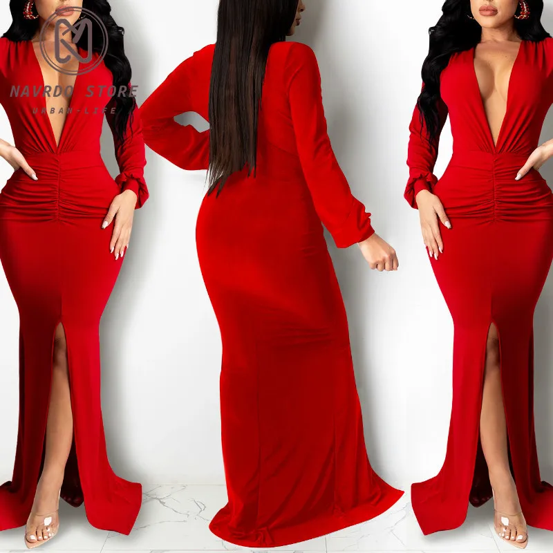 

Sexy Deep V-Neck Draped Bodycon Long Dress Women Elegant Slit Maxi Dress Spring Autumn Long Sleeve Party Dress Clubwear Vestidos