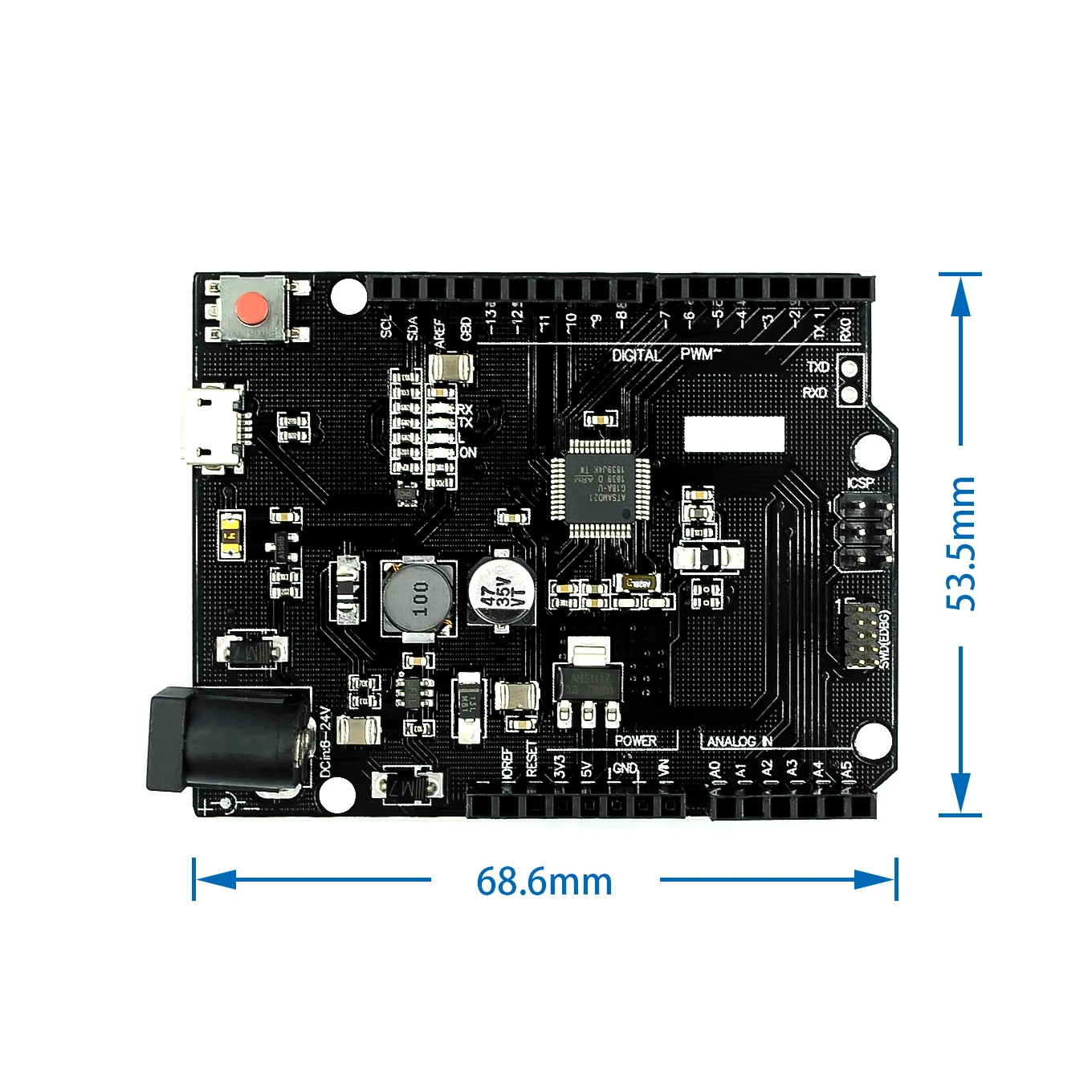 SAMD21 M0. 32-bit ARM Cortex M0 core. Compatible for Arduino Zero