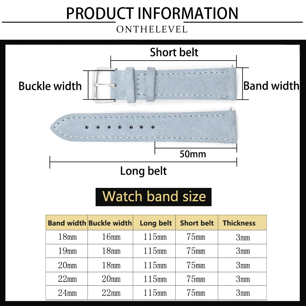 Soft Suede Leather Watch Band 18mm 19mm 20mm 22mm 24mm Blue Brown Watch Straps Stainless Steel Buckle Watch Accessories