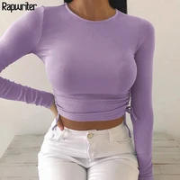 casual solid o neck long sleeve crop top women pullover side drawstring sweatshirt ruched white t shirt tee shirt women clothing