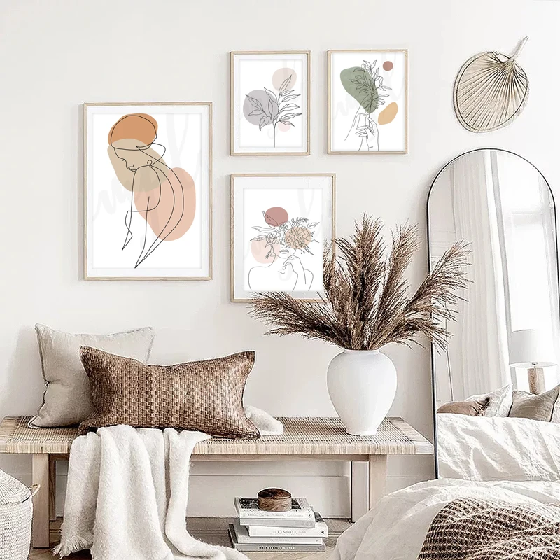 

Minimalist Leaf and Flower Canvas Painting Abstract Line Flower Head Girl Nordic Poster Home Living Room Decoration Picture