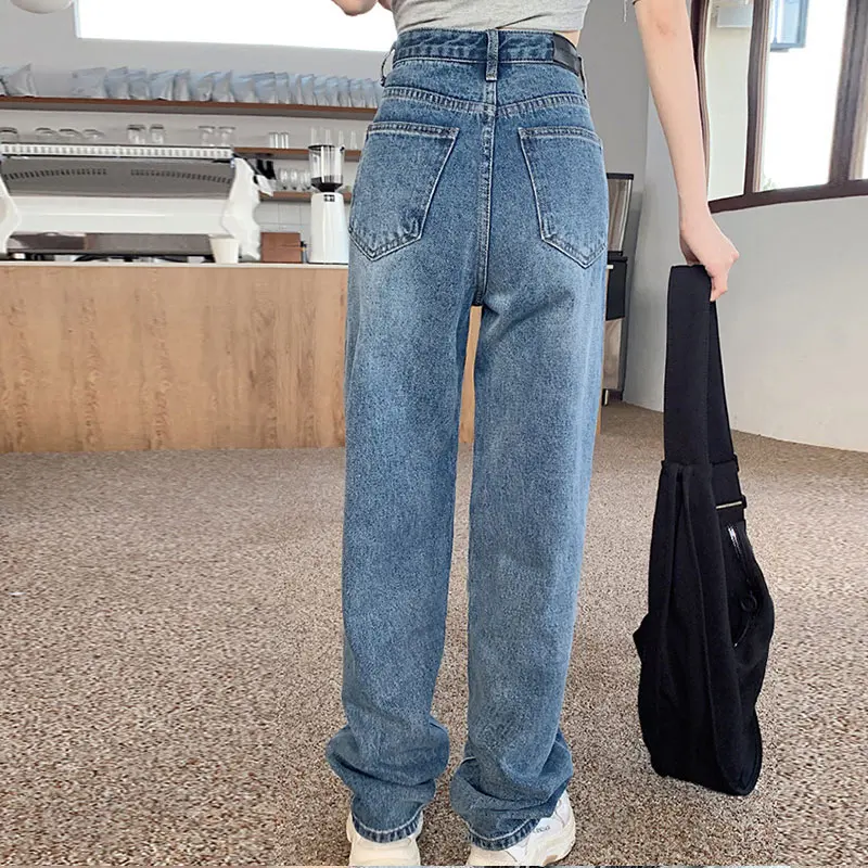 

Korean High Waist Straight Women's Pants 2021 Lady Hole Casual Loose Jeans Female Spring Autumn Fashion Vintage Wide Leg Trouser