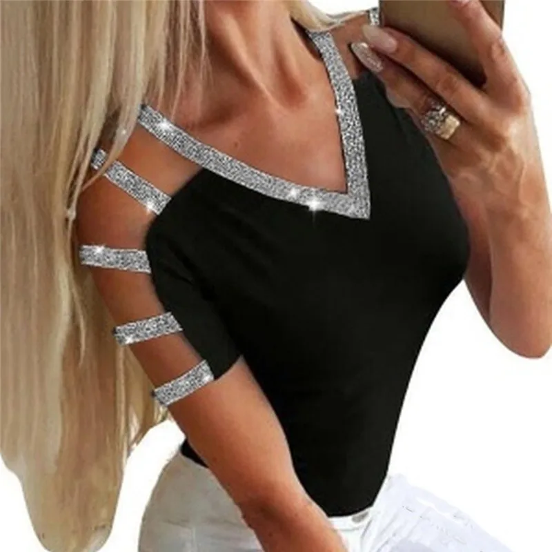 

2022 Women Sequined Tops Sexy Off Shoulder tshirt Ladies Short Sleeve Tunic Tops Girls Club T Shirt Solid Female Pullover Blusas