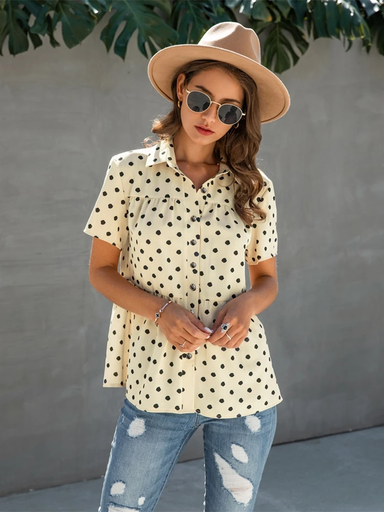 

Summer Tops Women 2021 Short Sleeve Casual Shirts Turn Down Collar Polka Dot Print Blusas Para Mujer Y2K Aesthetic Fashion Style