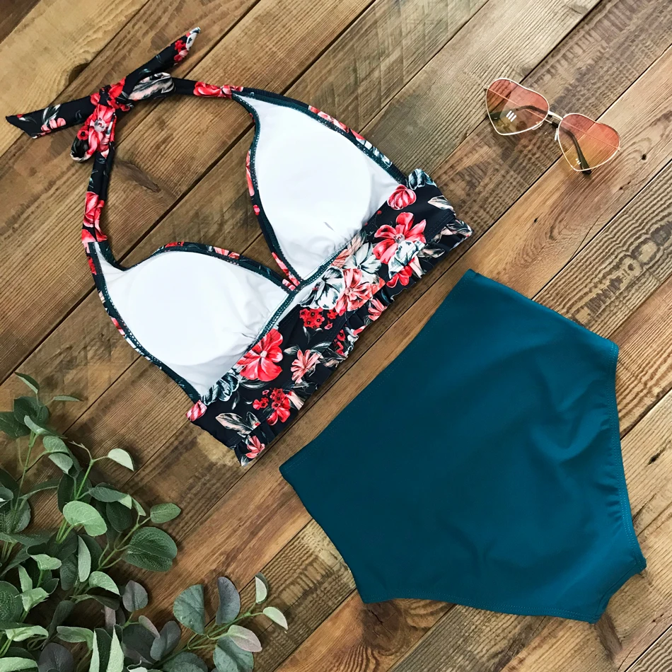 

High Waist Bikini 2021 Print Swimwear Women Sexy Swimsuit Push Up Strappy Biquini Halter Ruffle Swim Suit Backless Beach Wear