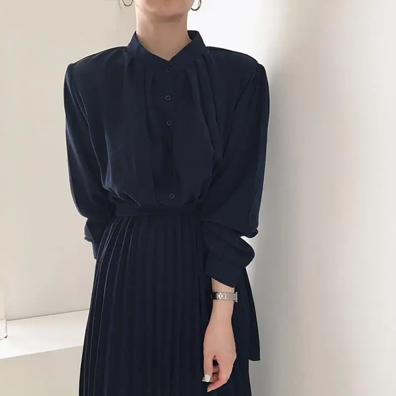 

Elegant Stand Collar Single-breasted Women Dress Office Wear Pleated Lace-up Ladies Midi Dress 2021 Autumn Vestidos