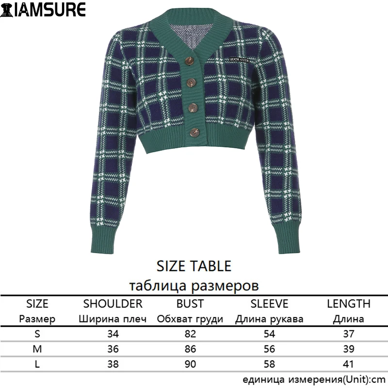 

IAMSURE Preppy Style Green Plaid Cardigans Women Vintage Long Sleeve V-Neck Breasted Sweater Autumn Winter Casual Streetwear 90S