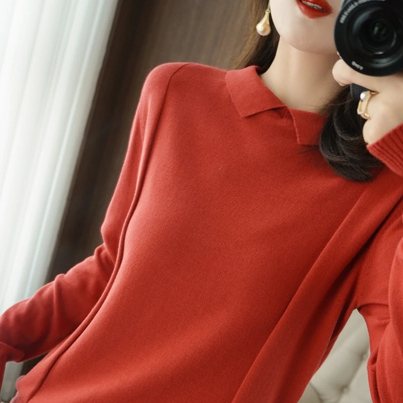 

2021 latest style spring and summer women's baby collar long sleeve knitted sweater Pullover cotton soft and flexible