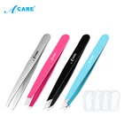 Пинцет для удаления волос, пинцет для бровей из нержавеющей стали, розовый, с наклонным черным кончиком, безвредный инструмент для макияжа, серебристый