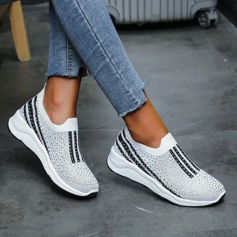 

Women Vulcanize Shoes Crystal Shiny Elastic band Sock Shoes Woman Comfortable Casual Loafers Shoes Slip On Female Sneakers