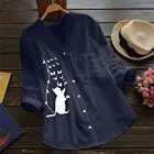 Рубашка женская хлопковая льняная с принтом кота, Повседневная Блузка с длинным рукавом, топы на пуговицах, блузка для женщин