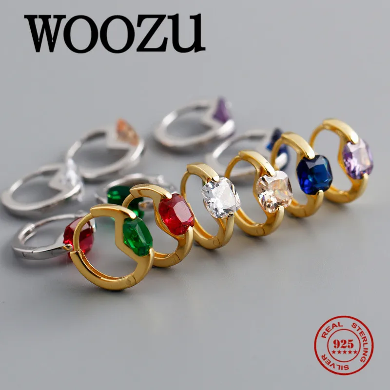 

WOOZU New Real 925 Sterling Silver Colorful Geometric Zircon Hoop Earrings for Women Minimalist Wedding Charming Earring Jewelry