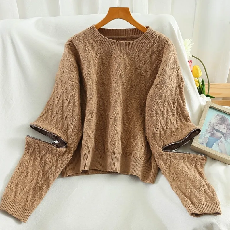 

Zipper Hollowed-out Long Sleeve Sweater Women 2020 Winter Round Collar Loose Simple Casual Knitted Jumper