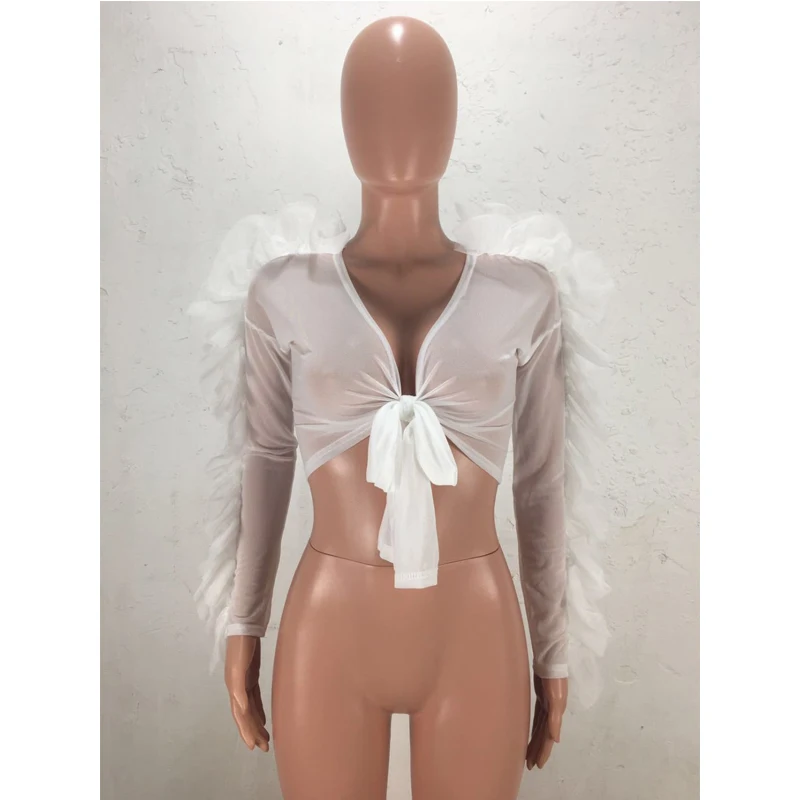 

Women Mesh Sheer Blouse Sexy Fashion Ruffle Long Sleeve Tops Lace Up V-neck Crop Tops Women Party Club See Through Top