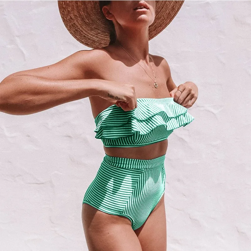 Сексуальный купальник в стиле ретро синий полоску бандо пуш-ап высокая талия