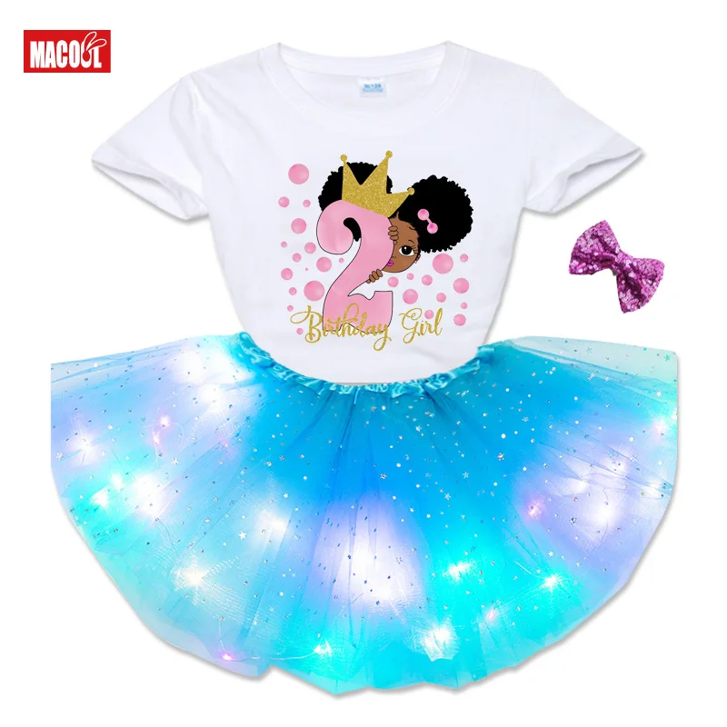 Girls Birthday Dress Sets tutu suit Party Casual Dress Black African Girl Short Sleeve T-shirt+tutu Skirt+Hairpin Suit 6 years