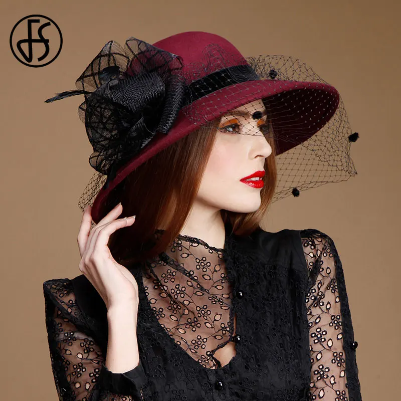 

FS Wool Hats For Women Fedora Wide Brim Hat With Veil Autumn Winter Felt Black Hat Lady Party Top Church Cloche Cap Sombrero