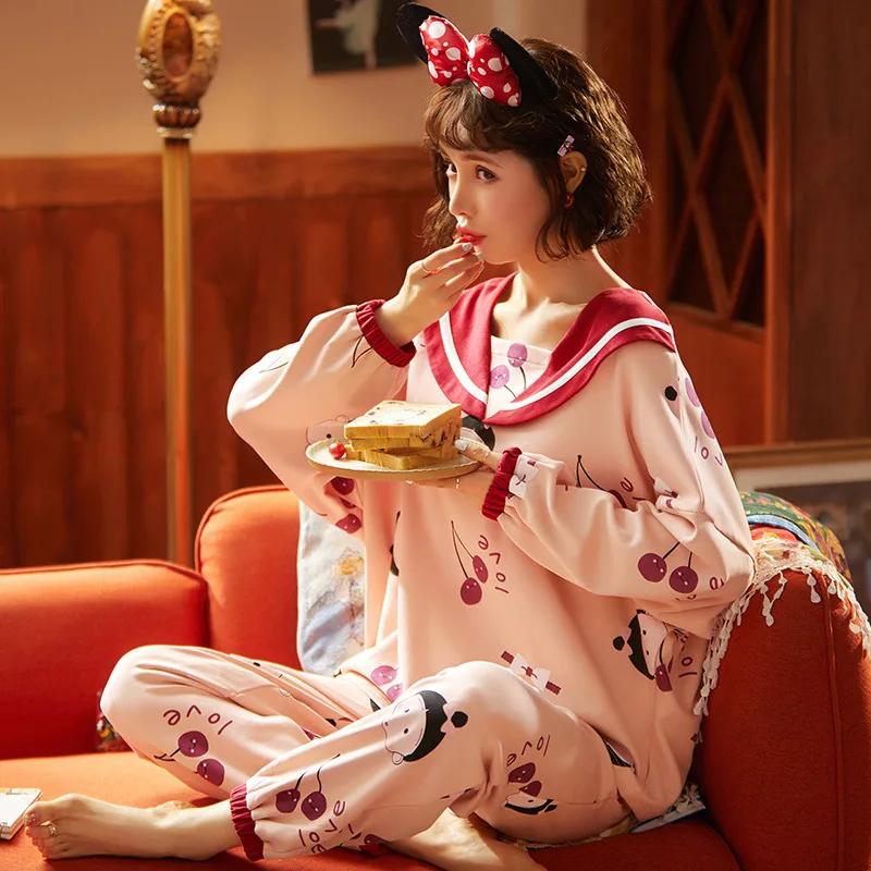 Autumn Winter Cotton Pajamas Women's Long-sleeved Suit Sweet and Cute Doll Collar Home Service Women Can Wear Ladies Pajamas