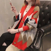 very fairy lazy v neck sweater cardigan womens 2020 new loose large size autumn and winter color matching sweater coat