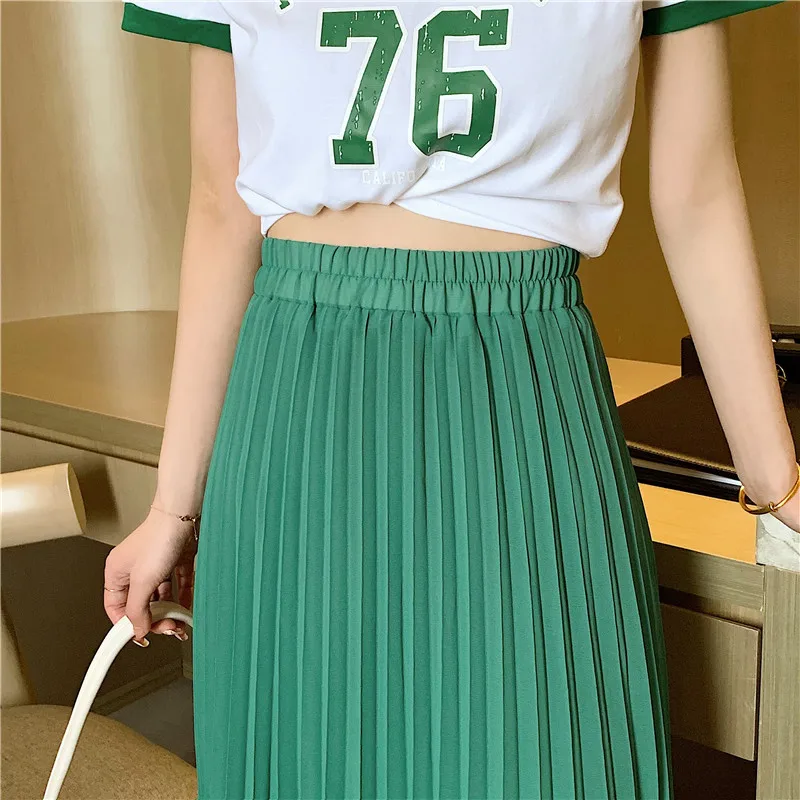 

Medium Length White Green A-line Skirt Women's Summer Thin 2021 New Fashion Irregular Chiffon Pleated Skirt