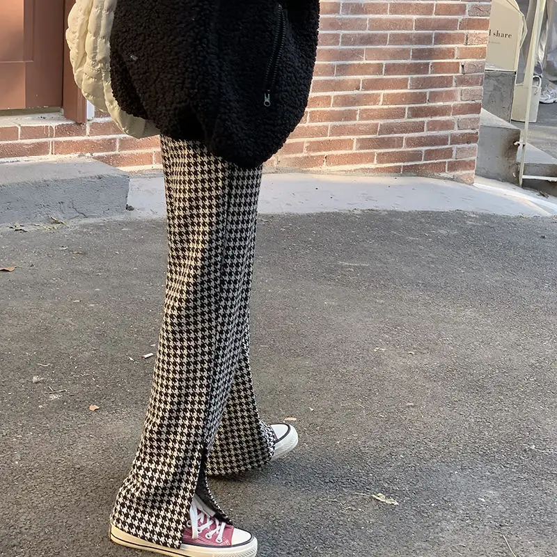 

2021 Wide Leg Pants Women's Winter Falling Size Thickened Skinny Houndstooth Pants