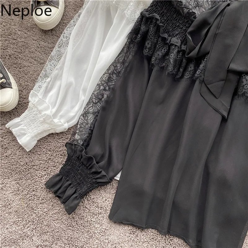 

Lace Patchwork Chiffon Blouses Women Sweet O Neck Full Sleeve Shirt Loose Fashion Drawstring Female Blusa Tops 49632