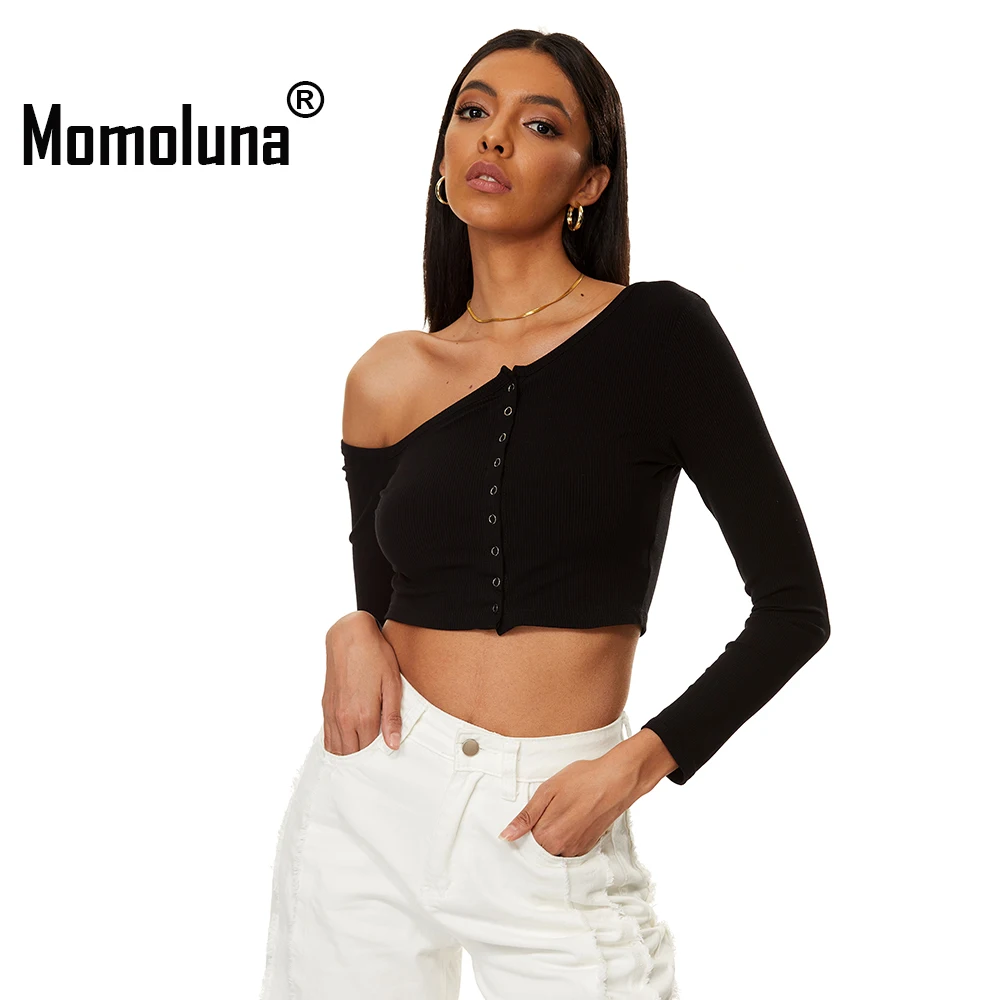 

Momoluna Woman Asymmetry Rib Button Up Long Sleeve Crop Top