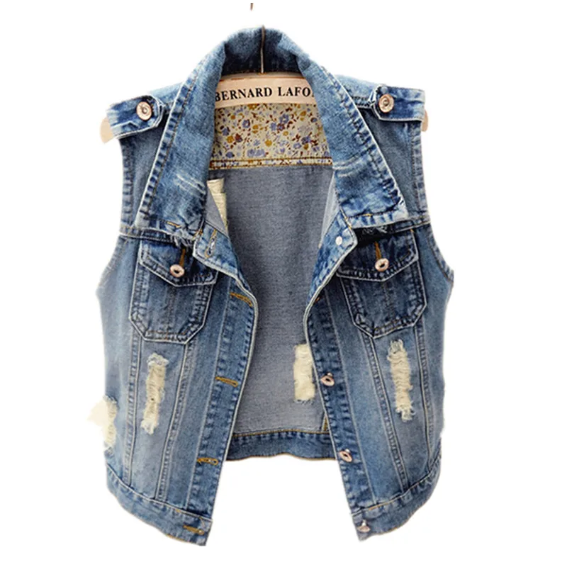 

Spring and Autumn Korean Was Thin Holes Short Sleeveless Denim Vest Women Summer Vest Waistcoat Jacket Plus size 6XL Tops A52