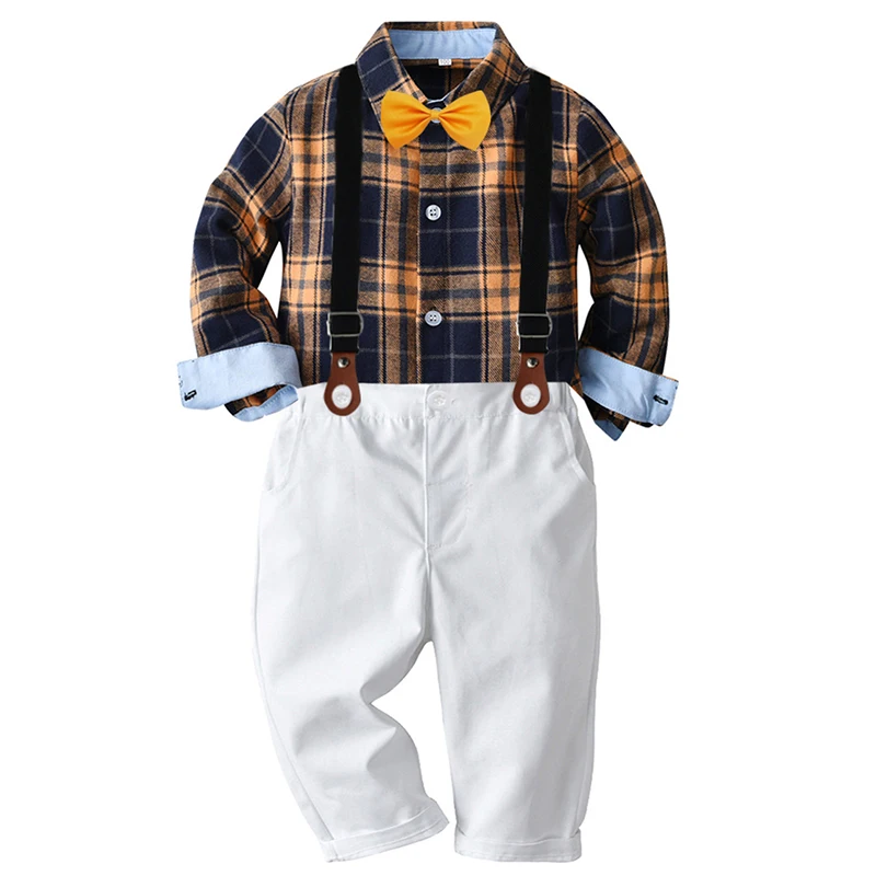 

Baby Boys Clothing Sets Springs Autumn New Kids Boys Long Sleeve Plaid Bowtie Tops + Suspender Pants Gentleman Clothes Outfit