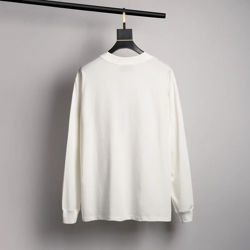 

Casual White T Shirt Long Sleeve For Men Cotton Streetwear Printing High Street T-Shirt Round Neck Loose Bottoming Shirt Black