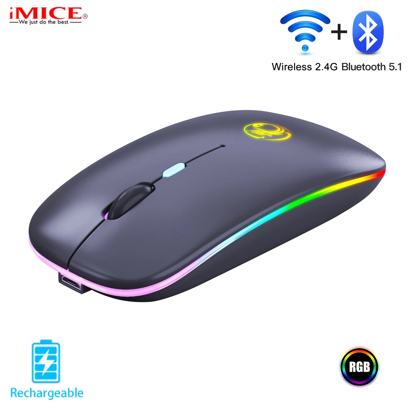 

Wireless Mouse Rechargeable Bluetooth5.1/2.4GHz Dual Mode Luminous Ergonomic Mice RGB Backlit Computer Silent Mause For Laptop