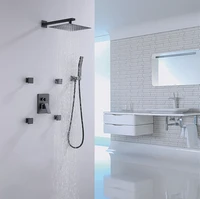 luxury wall mounted black shower set w 12 square rain shower handheld and 4 body jets