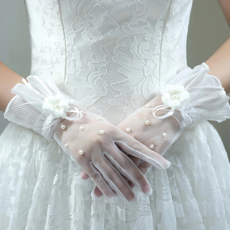 

Summer Sunscreen Wedding Dress Lace Mittens Korean Women Ultra Thin Short Mesh Transparent Pearl Bow Anti-UV Driving Gloves H9
