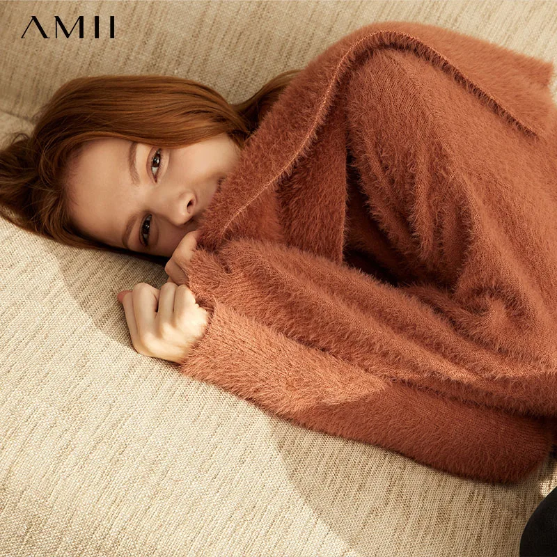 

Женский Теплый свитер Amii, однотонный свободный свитер в Корейском стиле с круглым вырезом и длинными рукавами, осень 11970338