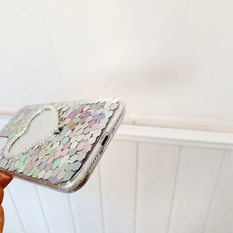 

Sequins Love Heart Mirror Women Hard Phone Case For iPhone 12 Mini 11 Pro Max XS MAX X XR 8 7 6s 6 Plus SE 2020 Girl Back Cover