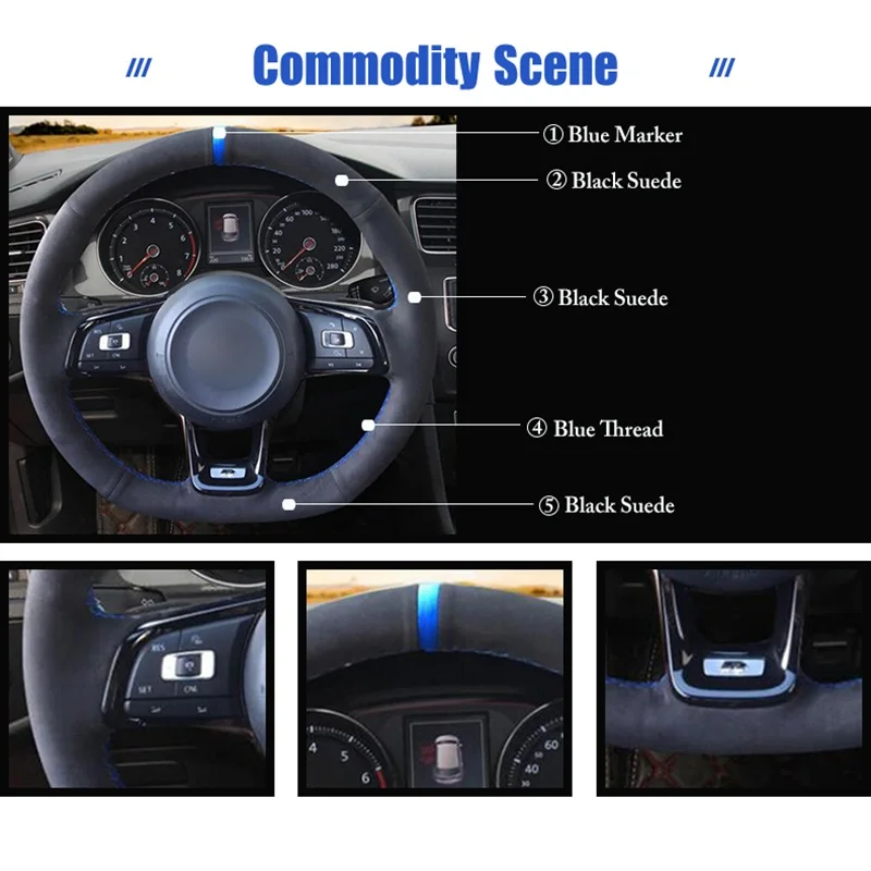 

Black Suede DIY Hand Sew Car Steering Wheel Cover for Volkswagen VW Golf 7 GTI Golf R MK7 VW Polo GTI Scirocco 2015 2016