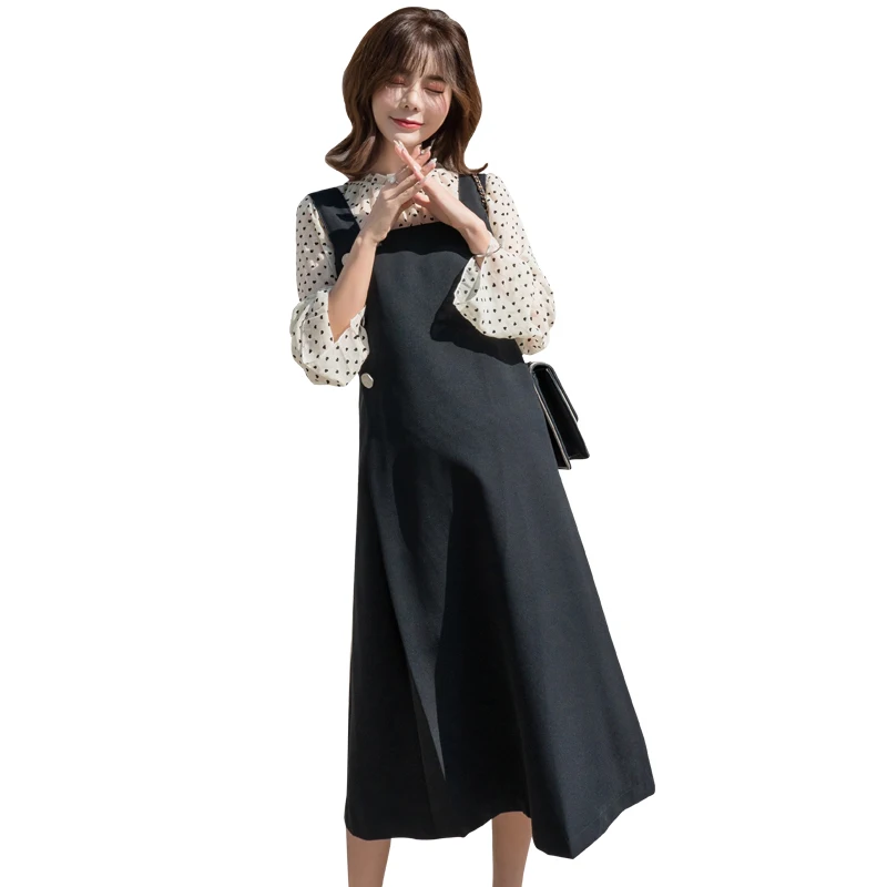 

6881# 2021 Spring Korean Fashion Maternity Long Party Dress Dot Blouse + Bib Sets Clothes for Pregnant Women Pregnancy Suits