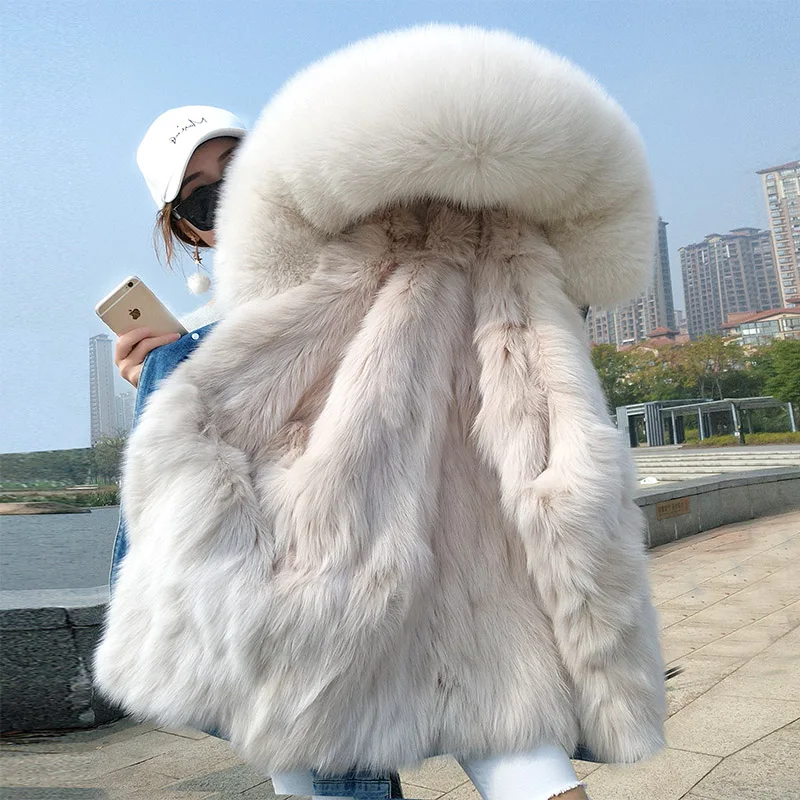 2020 new winter clothes natural furcoat denim pie overcome rabbit fur grass liner fox fur collar coat long coat female winter
