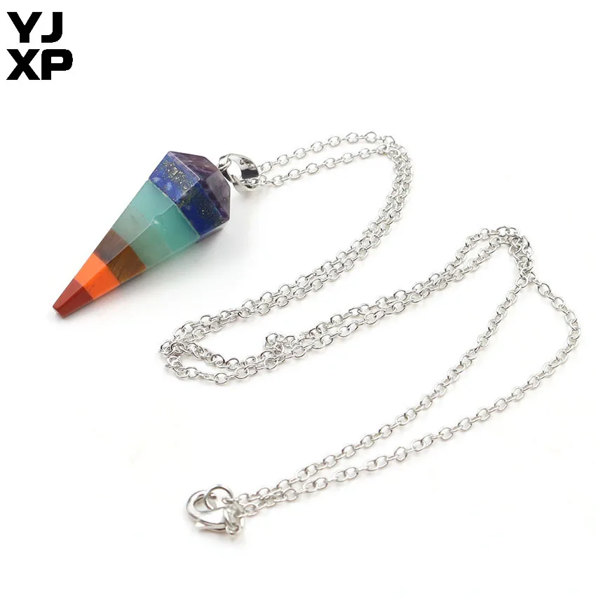 

YJXP 7 Chakra Layer Stone Pendant Necklaces Reiki Healing Point Hexagonal Cone Shaped Pendants Amulet Jewelry Making