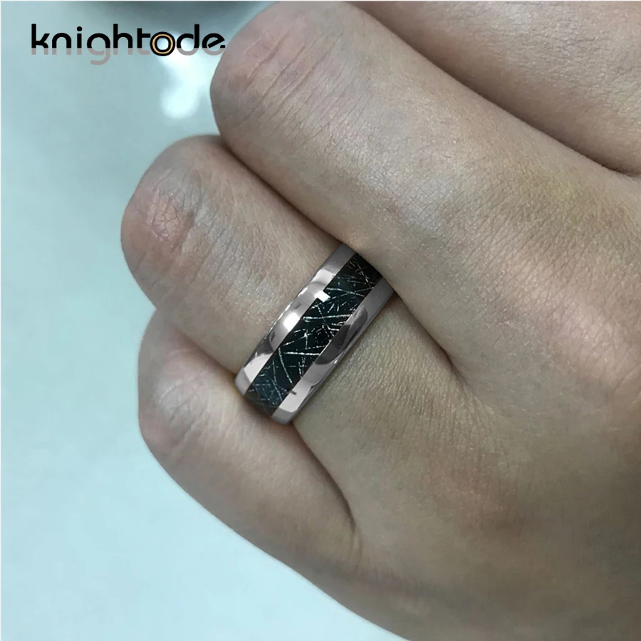 Кольцо из карбида вольфрама 6 мм 8 высокая полировка черный метеорит инкрустация