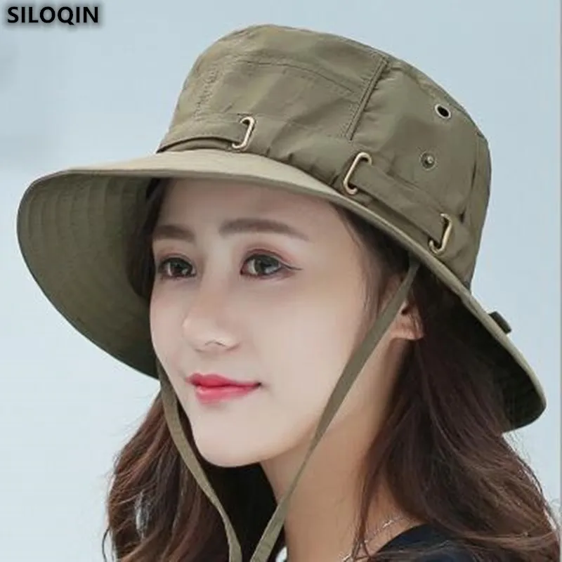 

SILOQIN New Women's Hat Trend Summer Outdoor Sunscreen Bucket Hats Foldable Fashion Panama Sombreros Wind Rope Fixing Sunhat