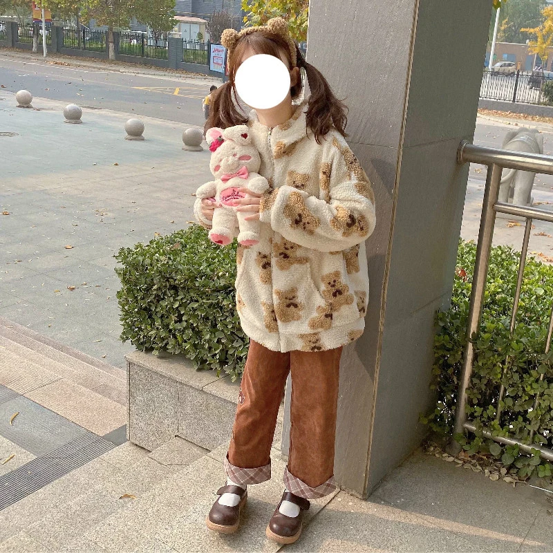 Cute Zipper Women Hoodies 2022 Winter Faux Fur Loose Kawaii Girl Bear Graphic Soft Teddy Coat Korea Thickened Warm Pocket Jacket