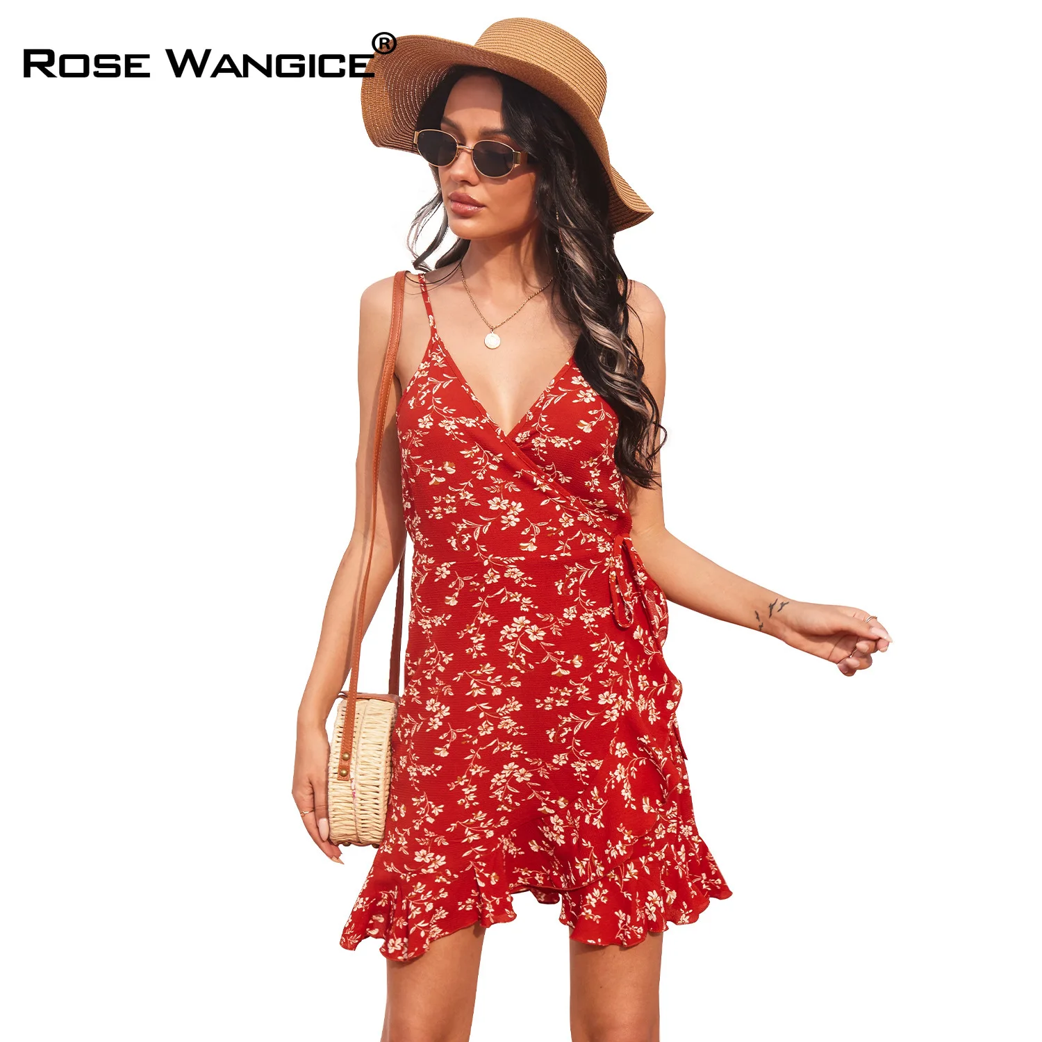 

Sexy Halter Dress Red Floral Belt V-neck Casual Idyllic Style Fake Beach Party Elegant 2021 Women Clothing Summer Mini-skirt