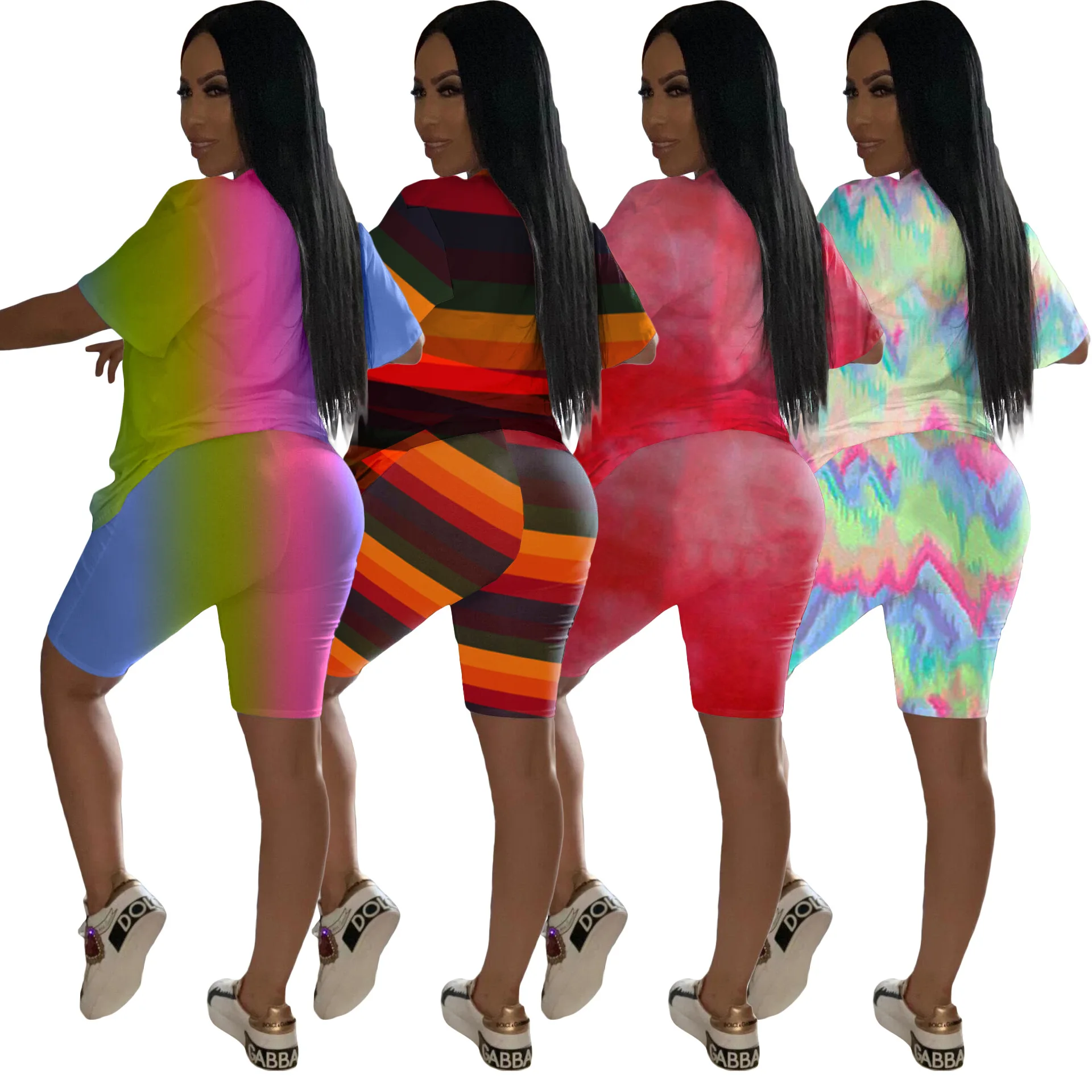 

Women's summer new digital print fashion casual two-piece short-sleeved blouse + shorts sports suit