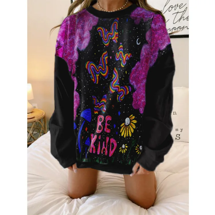 

Women Sweatshirt Sun Flower Casual Loose Hoodies O-Neck Long Sleeve Pullovers Be Kind Letter Printe Hoodie